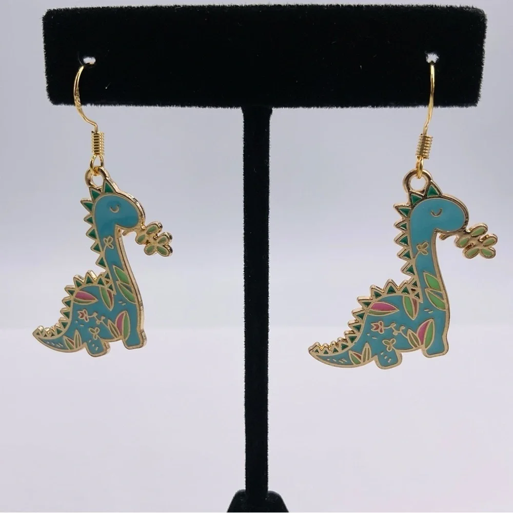 Dinosaur Earrings Hook Enamel Jewelry Gift Prehistoric Animal Stegosaurus Blue - Picture 3 of 5